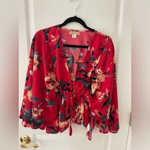 Chic Red Floral Blouse with Tie Front